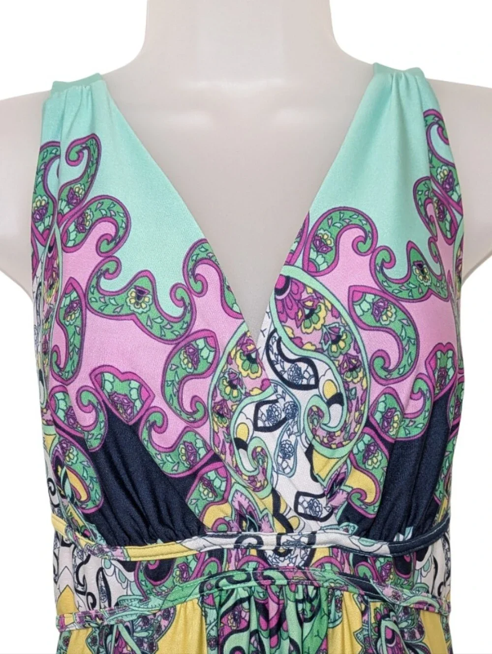 Metaphor | Long Paisley Print V-Neck Maxi Dress  Aqua and Navy | Wedding | Party